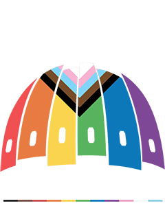 Organization logo. Shaped like the Capitol dome, with six slices representing the Pride colors. Red, orange, yellow, green, blue, and purple. The progressive colors, black, brown, baby blue, pink, and white in an upside down diamond shape from the top, under the Freedom statue. The Freedom statue and the copy below "Capital Pride Alliance" are all in white block letters.