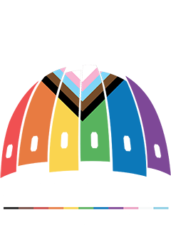 Organization logo. Shaped like the Capitol dome, with six slices representing the Pride colors. Red, orange, yellow, green, blue, and purple. The progressive colors, black, brown, baby blue, pink, and white in an upside down diamond shape from the top, under the Freedom statue. The Freedom statue and the copy below "Capital Pride Alliance" are all in white block letters.