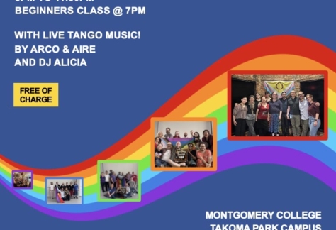 Event flyer. Heading says Be Here Queer! Tango milonga” with logos of the DC Queer Tango Collective and Montgomery College. Friday June 6, 2025, 8pm to 11:30pm, beginners class at 7pm. With live tango music by Arco & Aire and DJ Alicia. Photos of the collective are laid out in front of a swooshing rainbow pattern. The address is given as “Montgomery Collect Takoma Park Campus dance studio (room CU205), 7995 Georgia Ave, Silver Spring, Maryland” and there’s a sponsorship note “sponsored by the MC Cultural Arts Center and the Visual and Performing Arts Department.” At the bottom, between trans and progress Pride flags, it says “the DC Queer Tango Collective, organized by and for LGBTQ+ and allies”