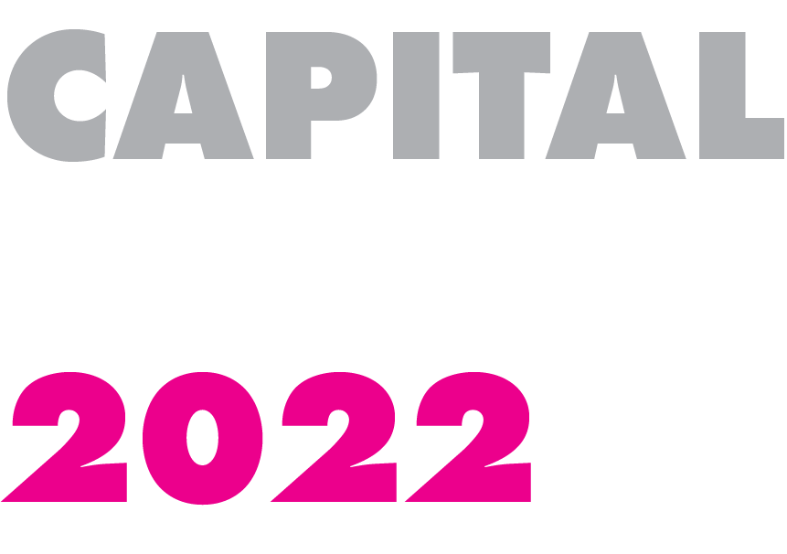 capital-pride-2022-logo-stacked3-transparent Three stacked words. On top in grey "CAPITAL", in the middle in white "PRIDE", on the bottom in fuchsia "2022".