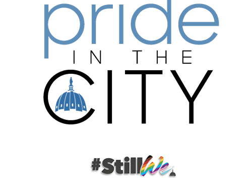 The word "pride" in pale blue stacked on top of the words "IN THE" in black, stacked on top of the word "CITY" in black, with a the pale blue Capital Pride dome logo image in the center of the letter "C" in City. This spells pride IN THE CITY. Underneath is the #StillWe logo with the word "We" with angles progressive pride flag colors from top to bottom starting with black, blrown, red, orange, yellow, green, blue, purple, pink, white, and baby blue. Below the word #StillWe is the word in all caps PERSEVERE.